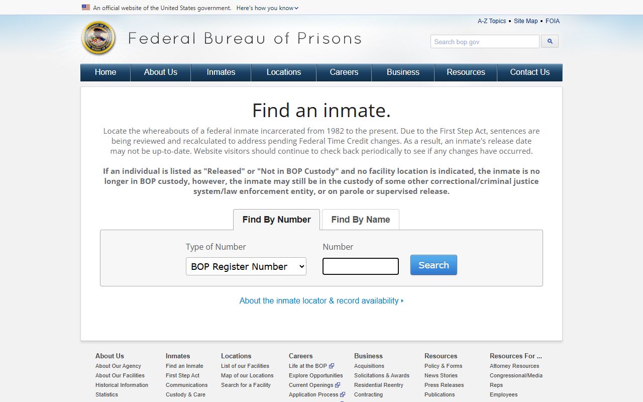 Federal BOP inmate locator search interface