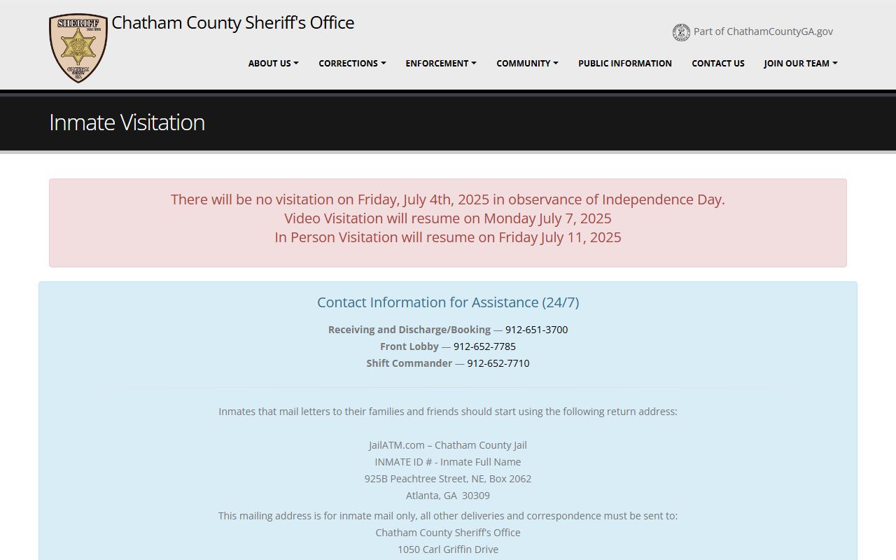 Chatham County Jail inmate visitation rules page